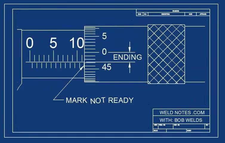 Diagram showing a measurement scale and a vernier scale reading 0.47 MM, with a hand pointing to an incomplete alignment labeled "mark not ready"