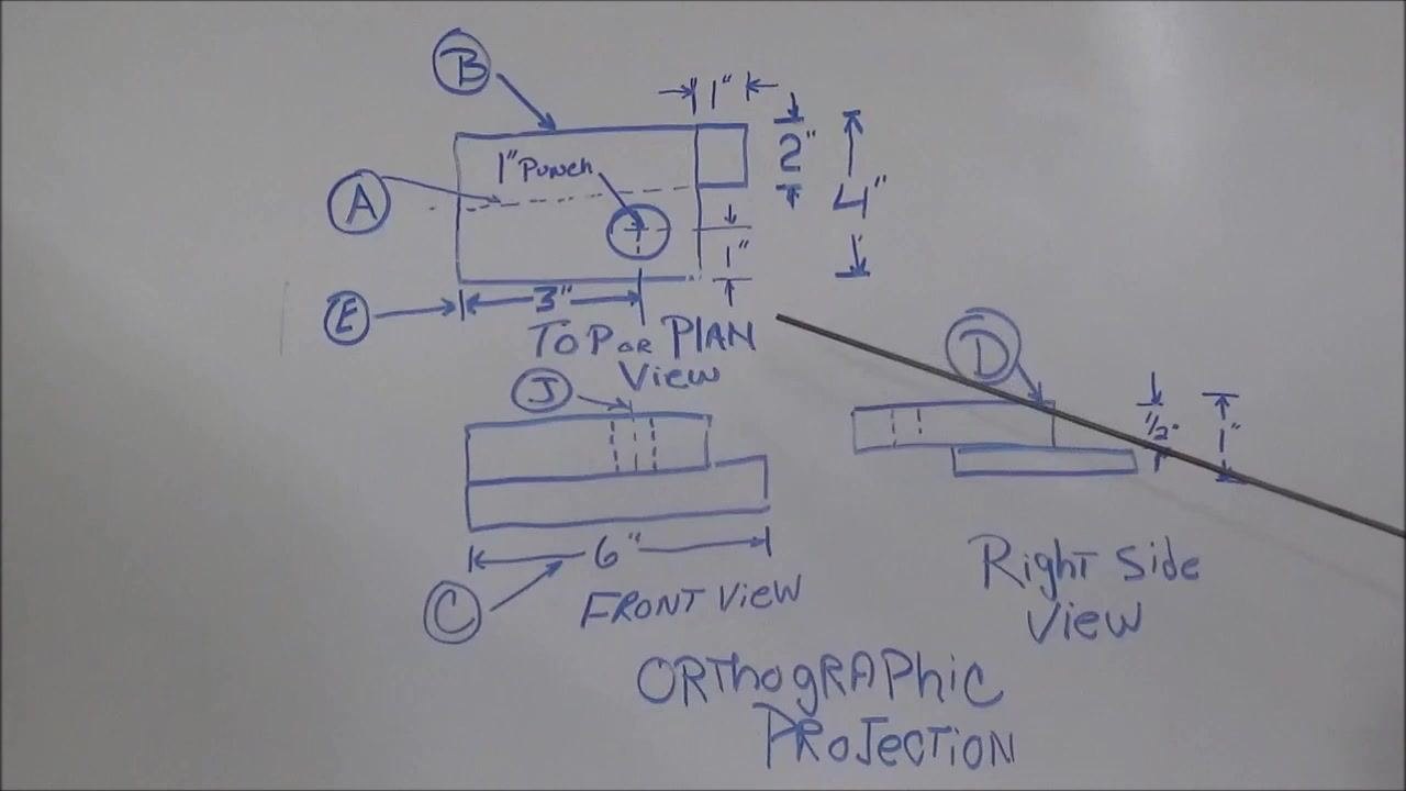 Whiteboard showing an orthographic projection with lines labeled A through E, including dimensions and callouts, with an instructor's pointer visible.