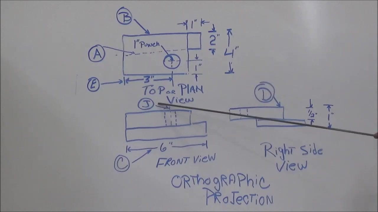 Whiteboard with an orthographic projection, an instructor pointing at the center line "J" in the Front View, with all labeled lines and dimensions visible.