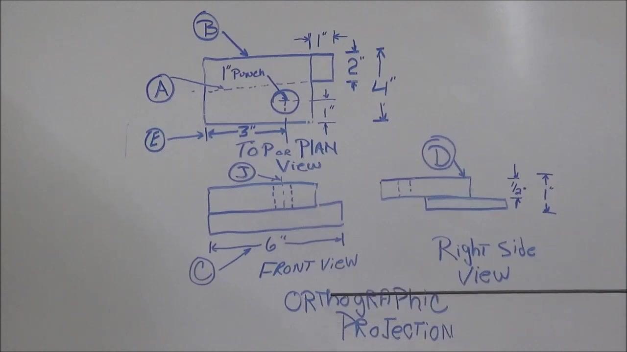 Whiteboard showing the complete orthographic projection drawing with labeled views, dimensions, and line types.