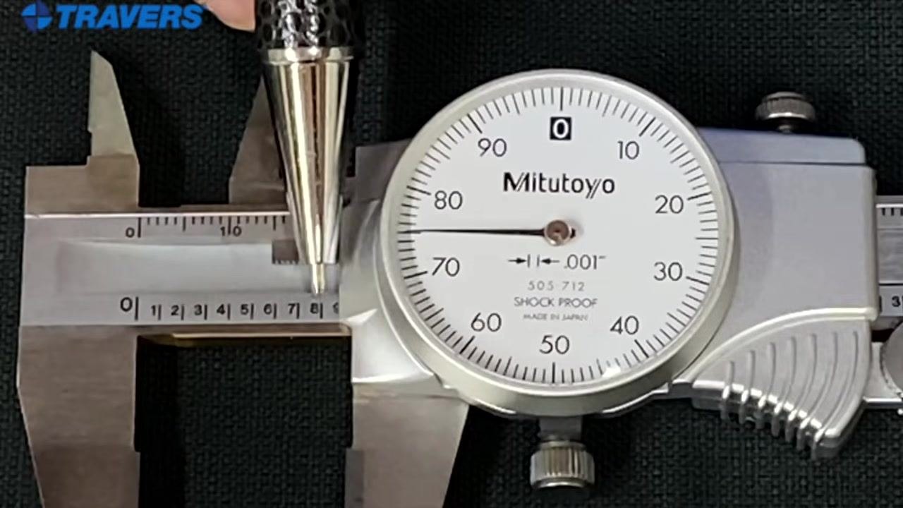 The pointer marks the line next to "8" on the main scale while the dial needle sits at 75, giving a reading of 0.875 inches.