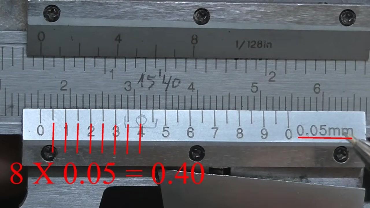 Close-up of a vernier caliper with a pen pointing at the 8th line on the vernier scale, showing the calculation 8 × 0.05 = 0.40.