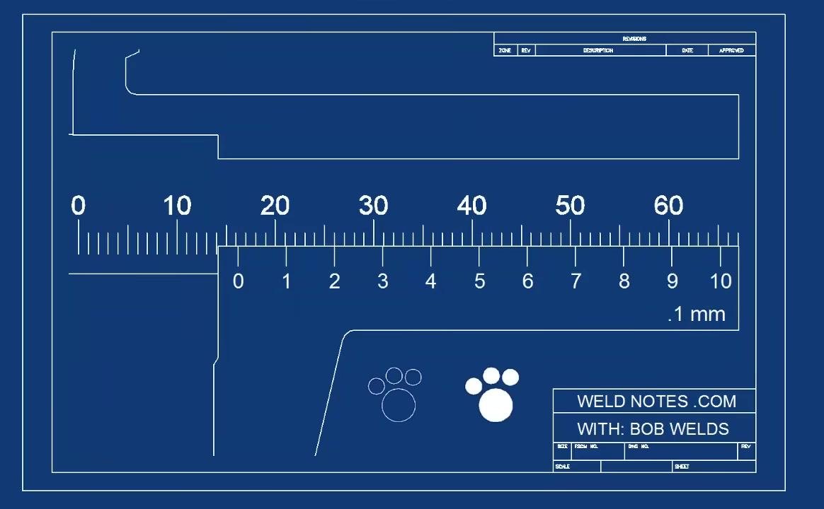 Diagram of a vernier caliper with a main scale and a vernier scale labeled ".1 mm"