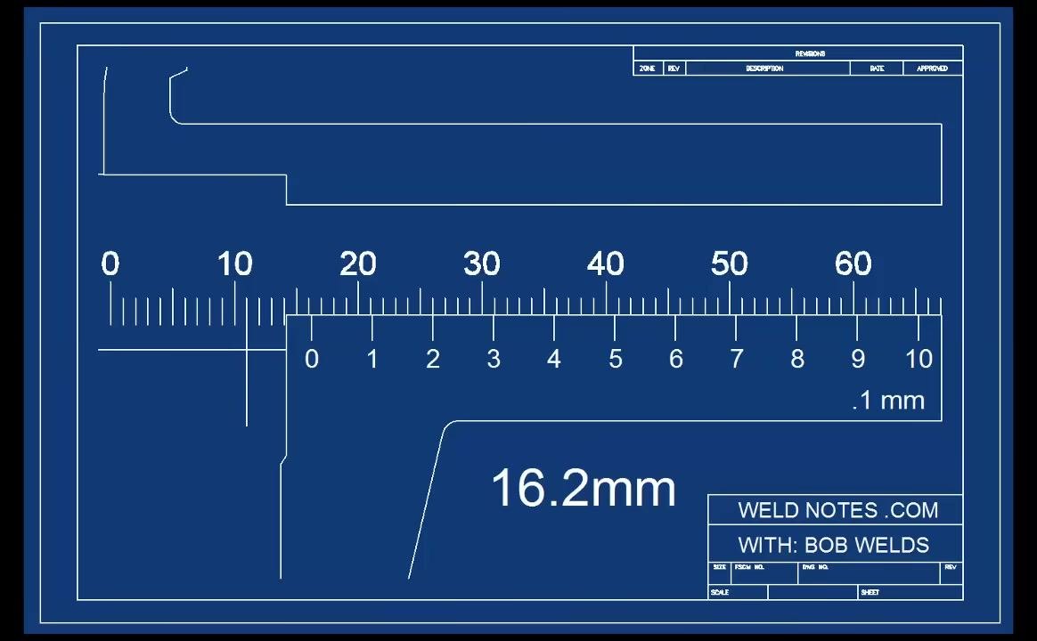 Diagram of a vernier caliper with the main scale, vernier scale, and the reading "16.2mm" clearly labeled