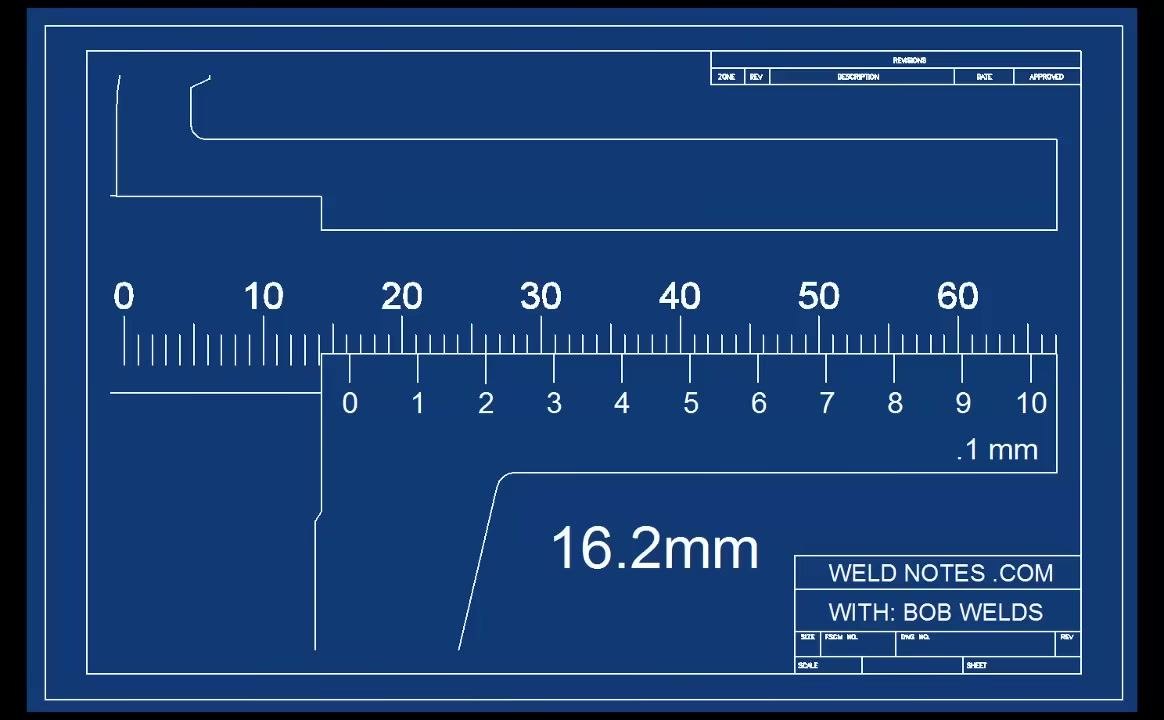 Diagram of a vernier caliper with the reading "16.2mm" highlighted