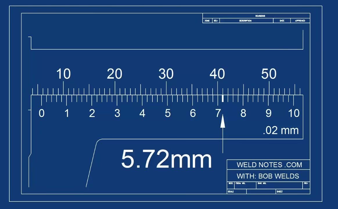 Diagram of a vernier caliper showing the main and vernier scales, with a ".02 mm" label indicating the vernier increment