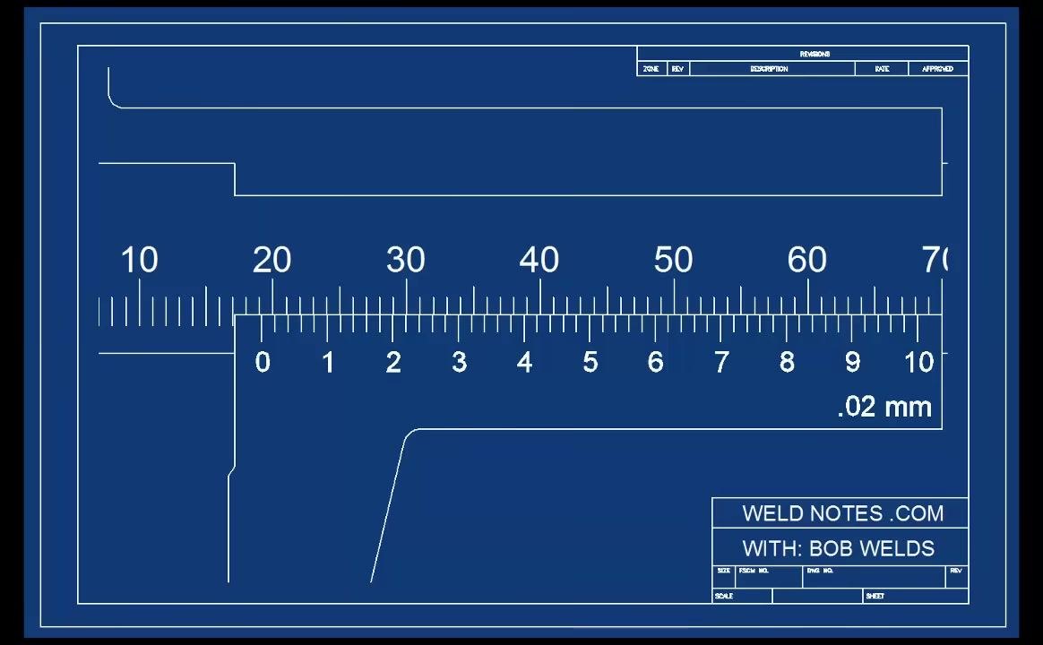 Diagram showing the entire vernier caliper, with the main scale (10–70 mm) and the vernier scale (0–10) labeled ".02 mm"