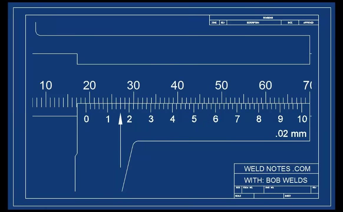 Arrow pointing to the 2 mark on the vernier scale, indicating the alignment point