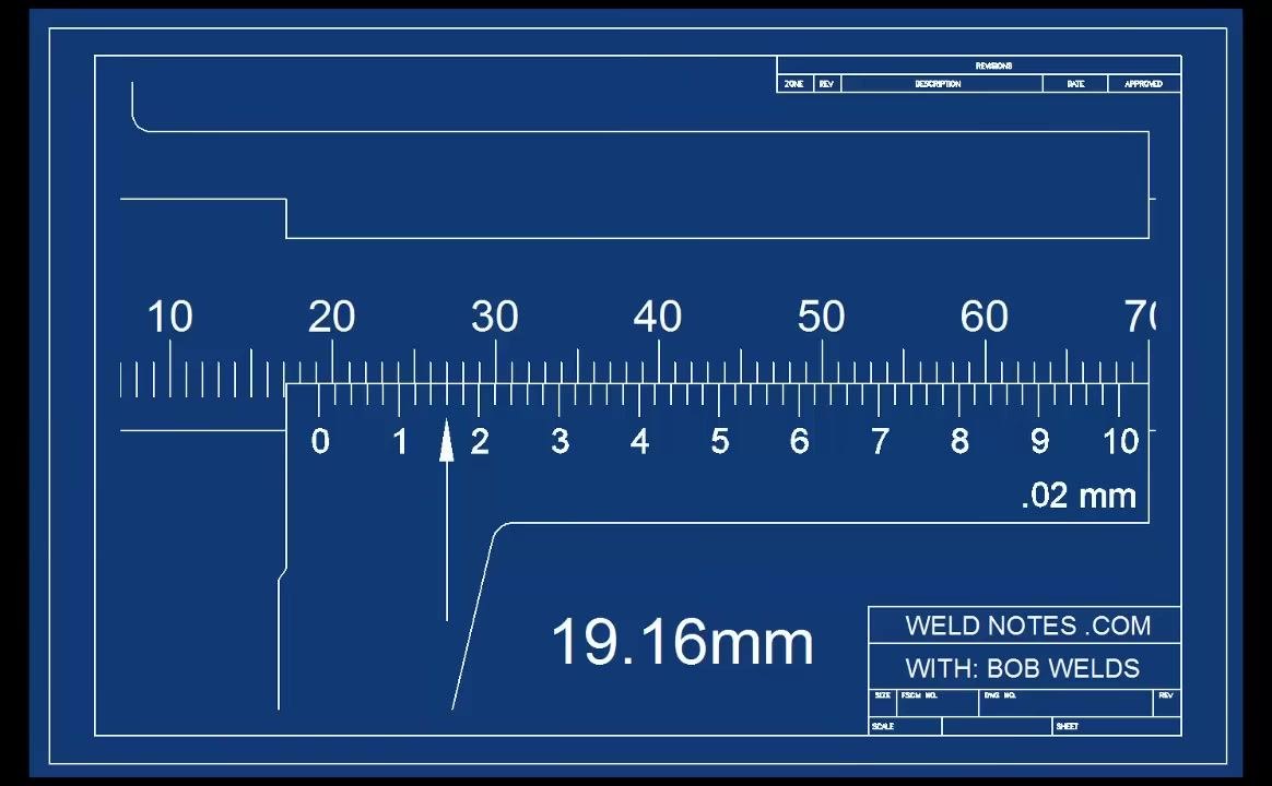 Vernier caliper scale with the measurement "19.16mm" displayed and the arrow still at the 2 mark