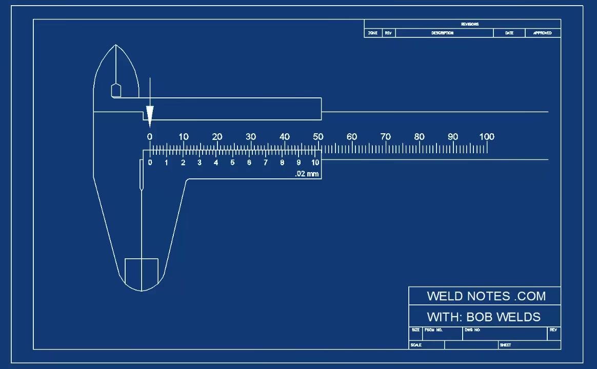 Blueprint-style diagram of a vernier caliper with an arrow pointing to the zero mark on the main scale