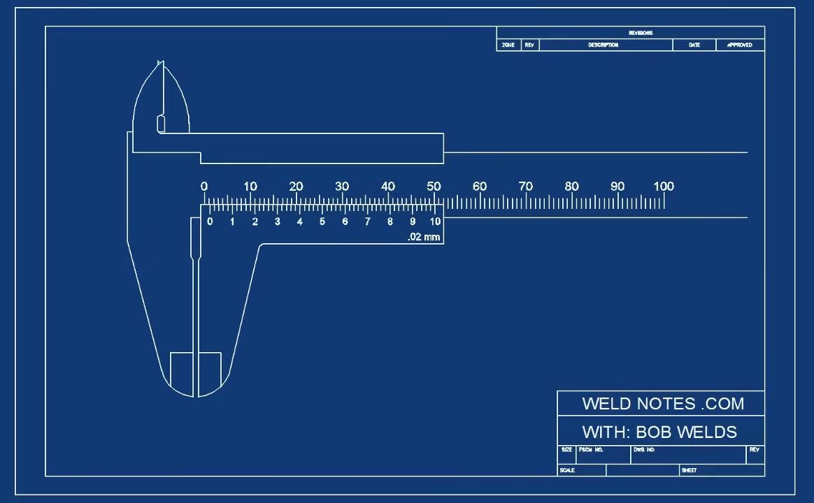 Blueprint-style diagram of a metric vernier caliper with jaws fully closed, showing both main and vernier scales