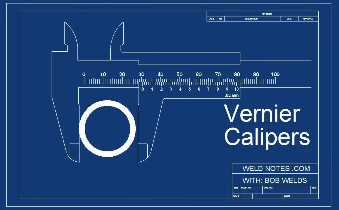 Blueprint-style diagram of a vernier caliper with labeled scales and a circular object between the jaws
