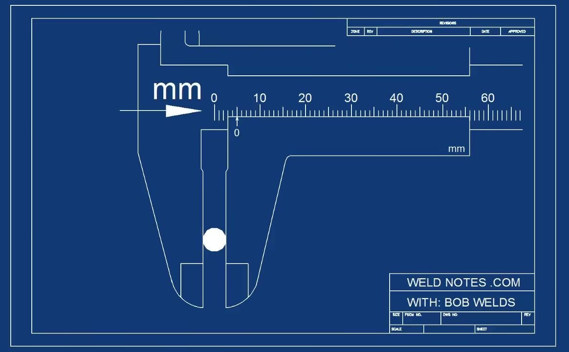 Blueprint-style diagram of a vernier caliper measuring an object, with the zero mark aligned at 5 mm