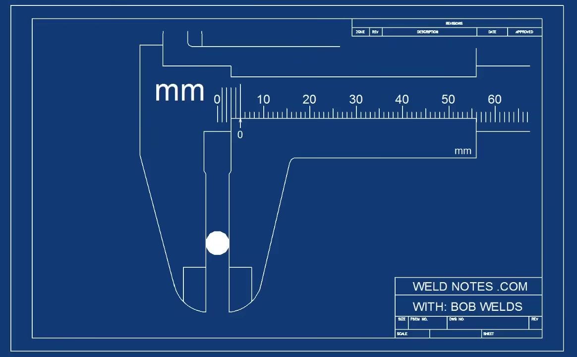 Blueprint-style diagram of a vernier caliper with emphasis on the zero mark used for reading