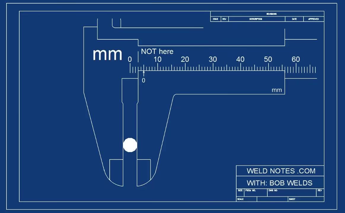 Blueprint-style diagram showing the zero mark aligned at 5 mm, with a "NOT here" warning marking an incorrect reading location