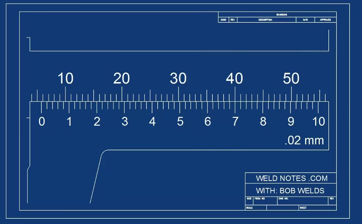 Diagram of the vernier and main scales, with the mark next to 7 aligning best and labeled ".02 mm"