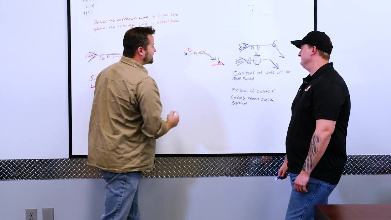 An instructor points to a welding symbol on the whiteboard, referencing notes about weld placement above the reference line. Visible text: "3/8," triangle, "2-4," and notes about arrow/other side.