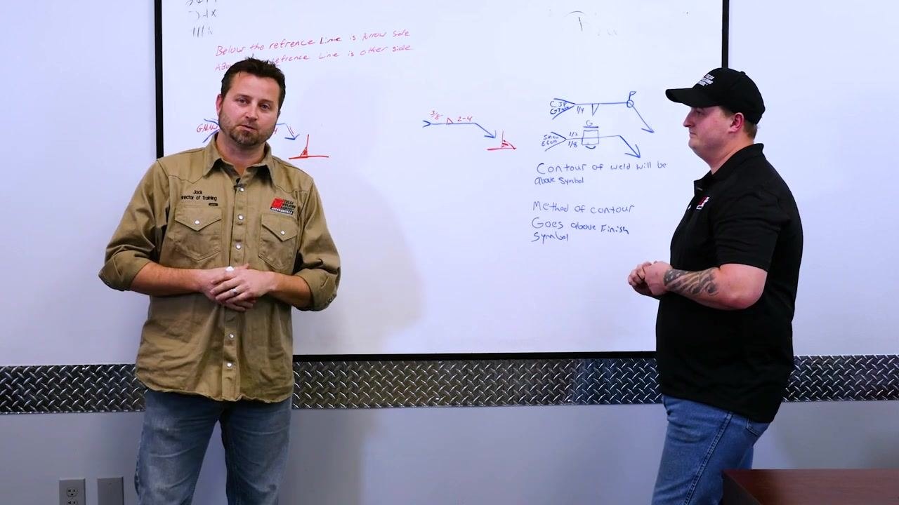 Two instructors stand at the whiteboard, one explaining and the other listening. The board displays advanced welding symbols with circles, flags, and tails labeled "CJP" and "GTAW."