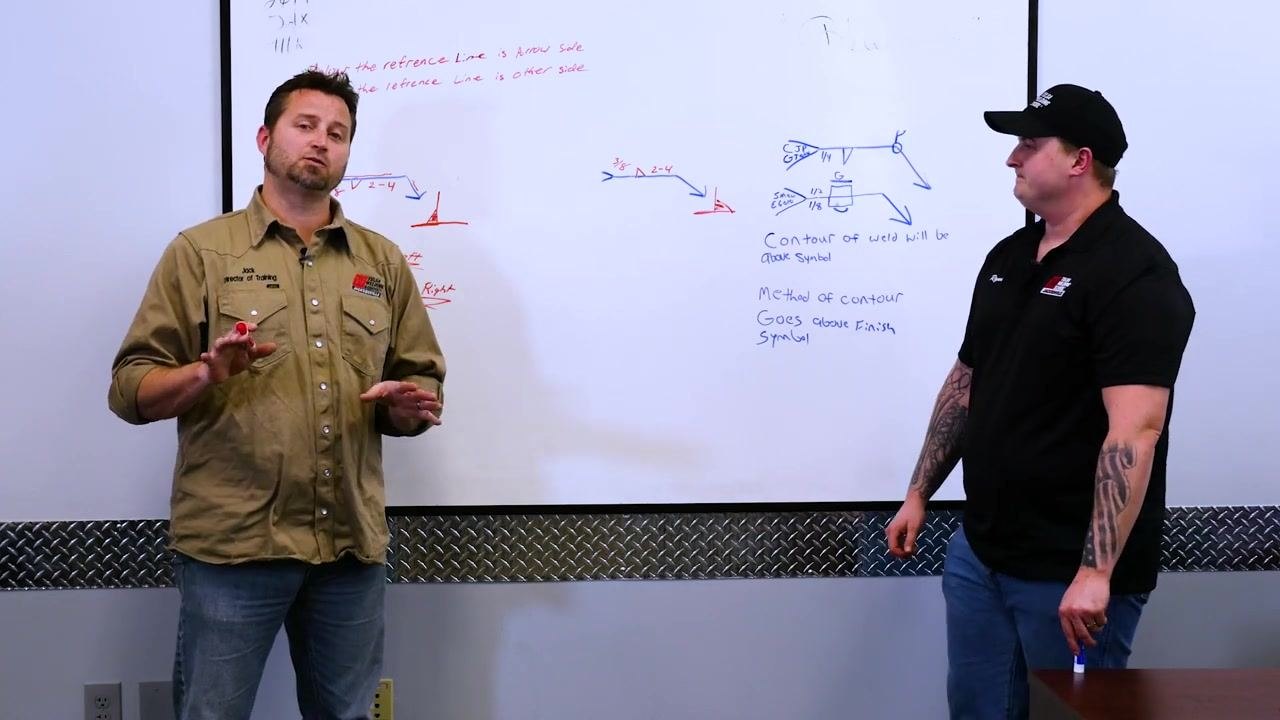 An instructor gesturing while explaining, both instructors standing at the whiteboard with welding symbols.