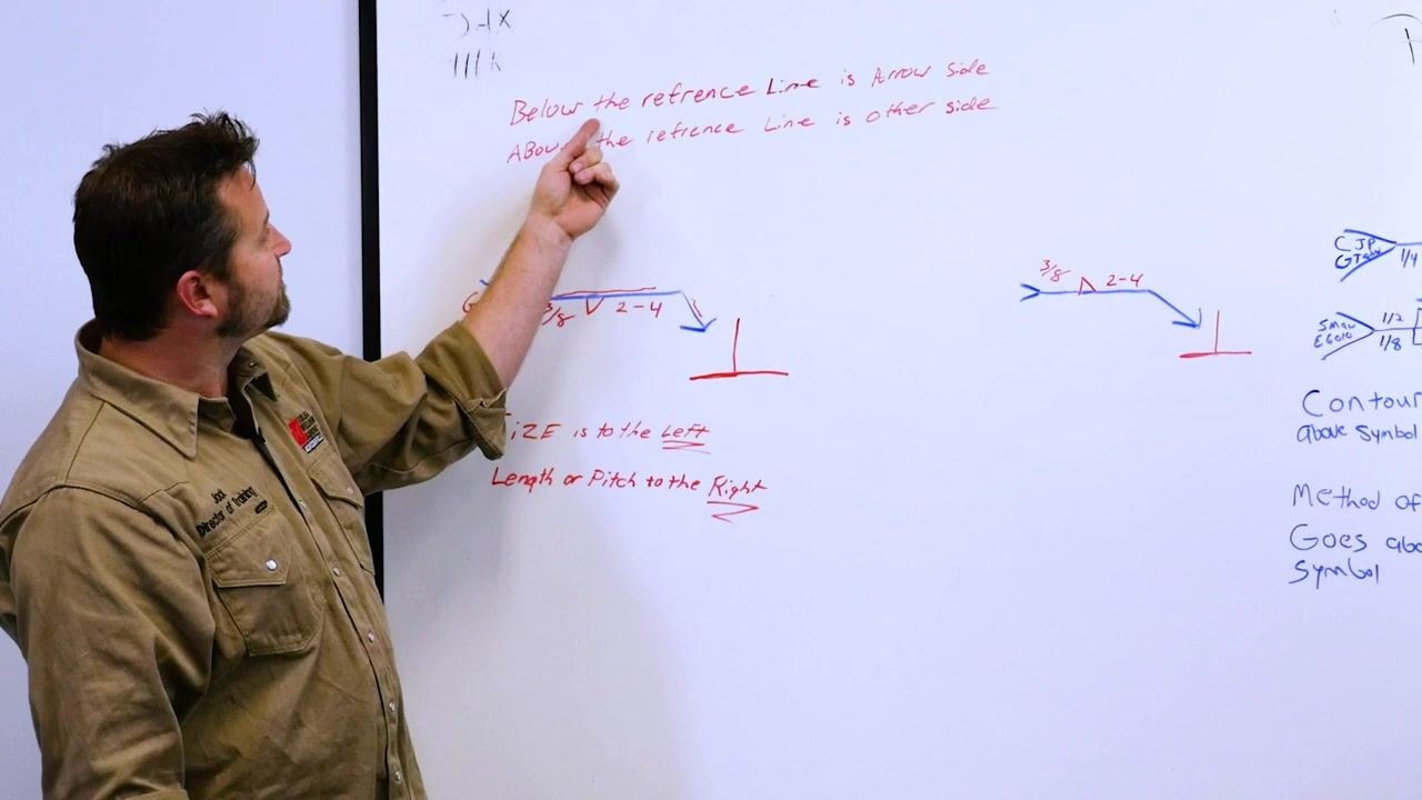 An instructor points to the note "Below the reference Line is Arrow Side. Above the reference Line is Other Side" on the whiteboard, reinforcing weld placement rules.
