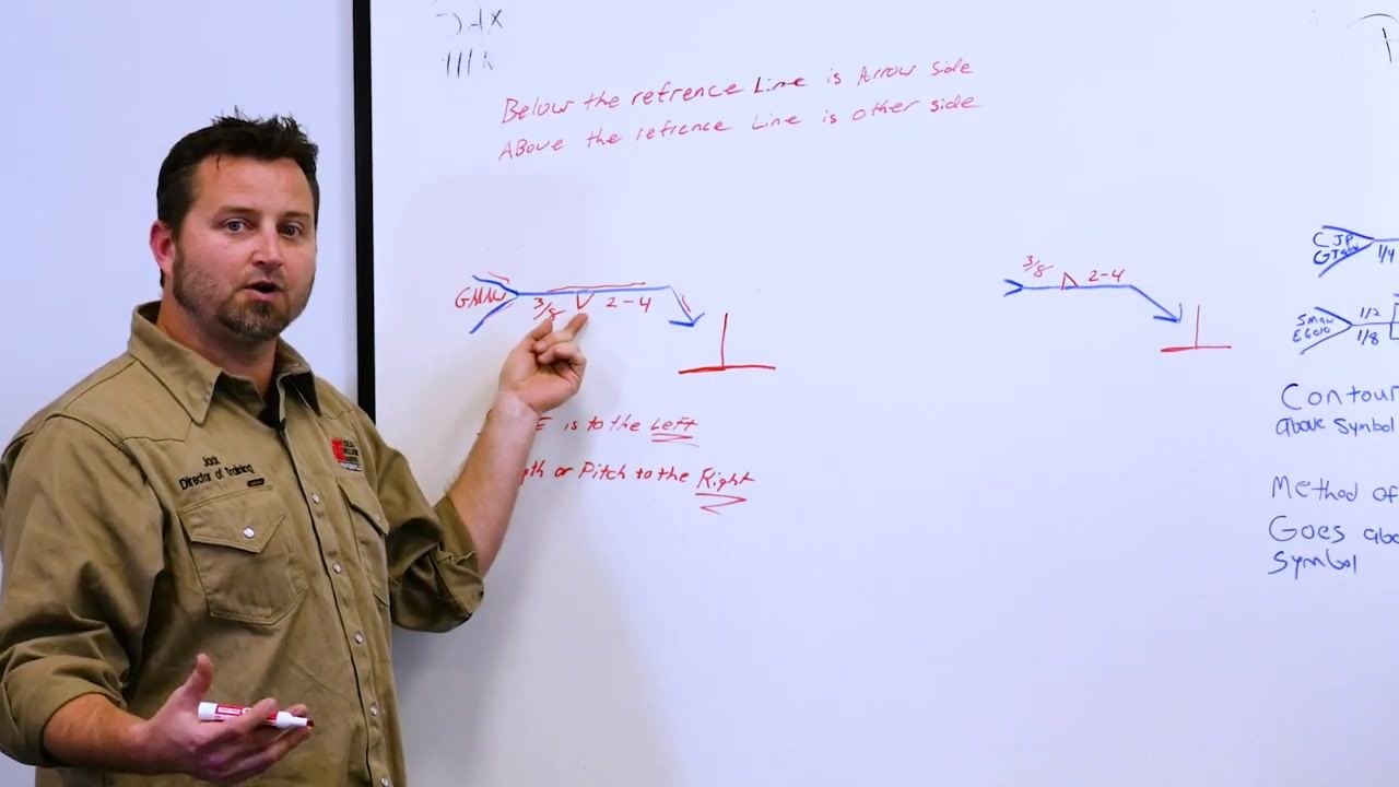 An instructor gestures to the welding symbol and the arrow side on the whiteboard, clarifying where to place the 3/8-inch intermittent fillet weld.
