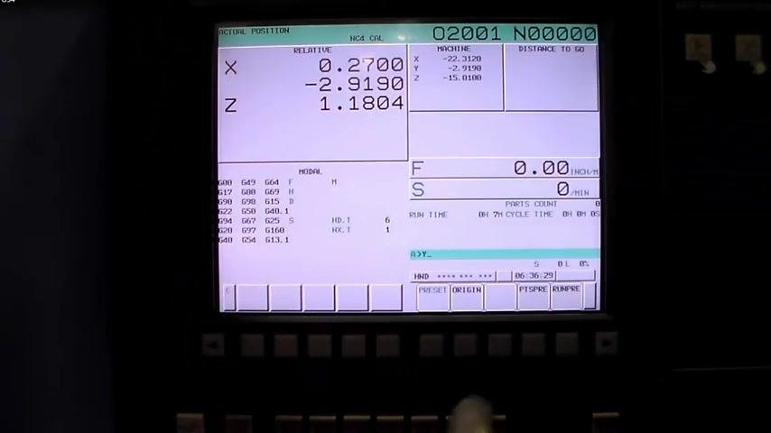 CNC control screen with Y-axis selected and ready to be zeroed, showing updated axis values