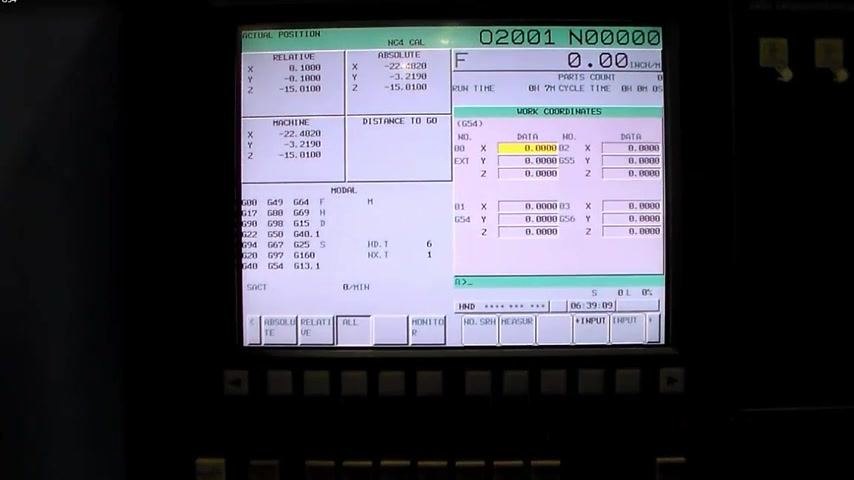 CNC control screen showing work coordinates (G54) fields, all set to 0.0000