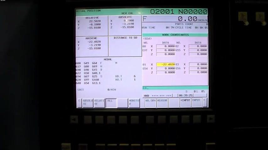 CNC control screen showing G54 X field updated to -22.4820