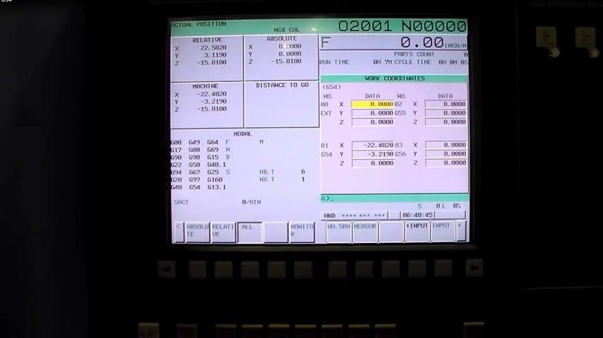 CNC control screen at the end of the session, displaying all work coordinates and machine zero values