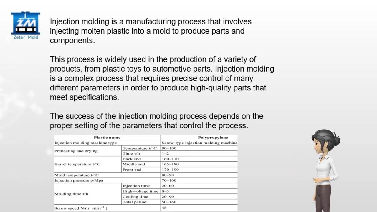 Slide showing an overview of injection molding, its applications, and a table of polypropylene molding parameters.