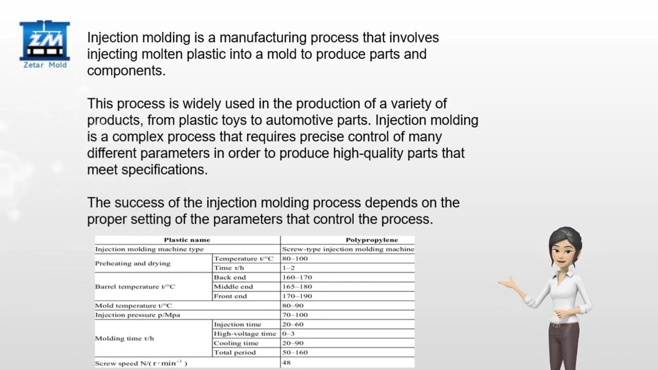 Slide listing the key parameters—temperature, speed, pressure, cooling time, and other factors—alongside a diagram of the injection molding process and machine.