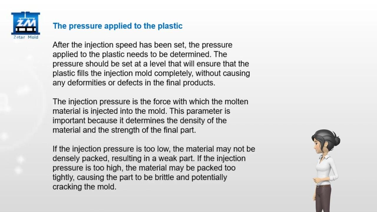 Slide titled "The pressure applied to the plastic" with detailed text on setting injection pressure, its definition, importance, and consequences of incorrect pressure.