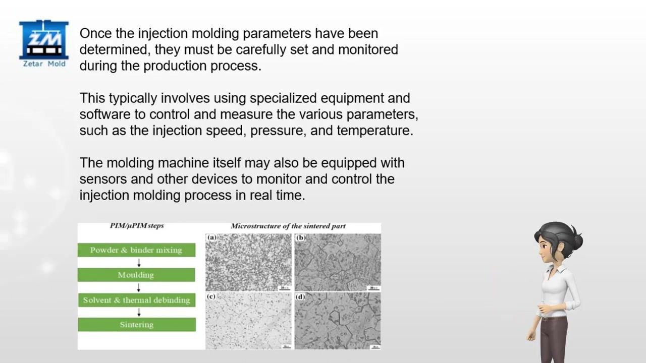 Slide showing instructions to monitor parameters in real time, including a process flow diagram (powder and binder mixing, molding, solvent and thermal debinding, sintering) and microstructure images.
