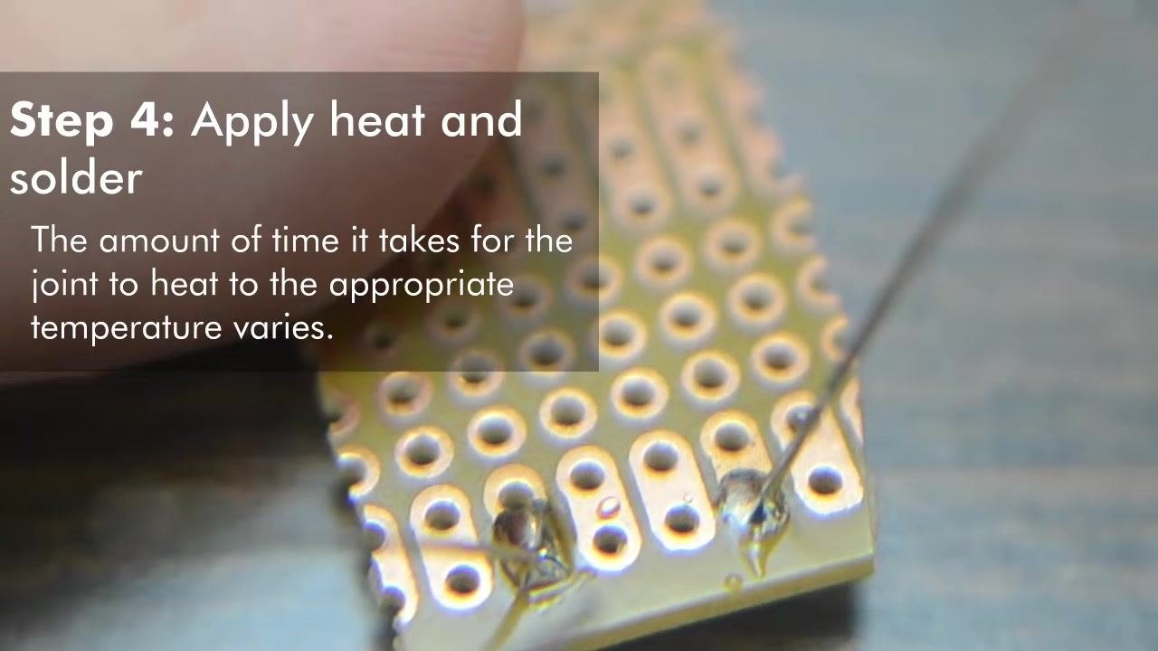 Soldering iron tip in contact with a PCB joint, with on-screen text: "Step 4: Apply heat and solder. Ensure good contact between the iron and the joint."