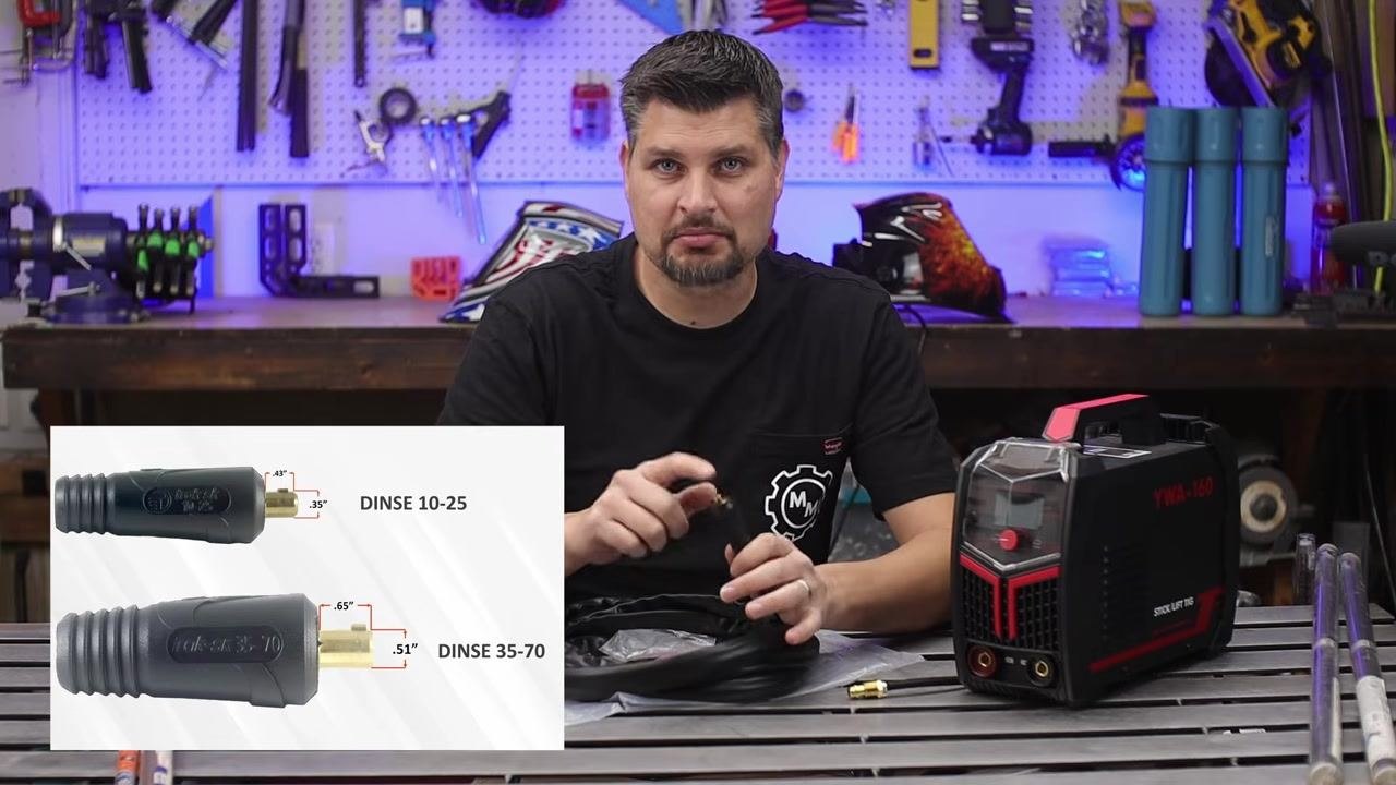 Comparison diagram of DINSE 10-25 and DINSE 35-70 connectors showing size differences and labeled measurements, with a person holding a DINSE connector in front of a TIG welder.