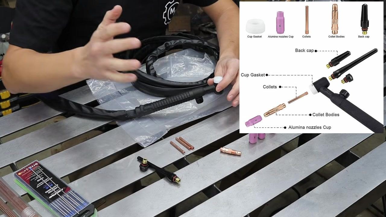 Hands threading the alumina nozzle cup onto the TIG torch head, with other components laid out nearby.