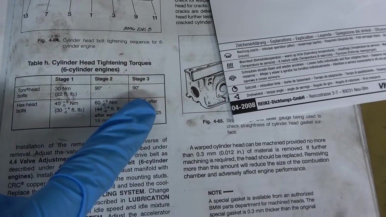 Gloved hand pointing at the 90° entry in the torque table, with the manual and technical notes visible.