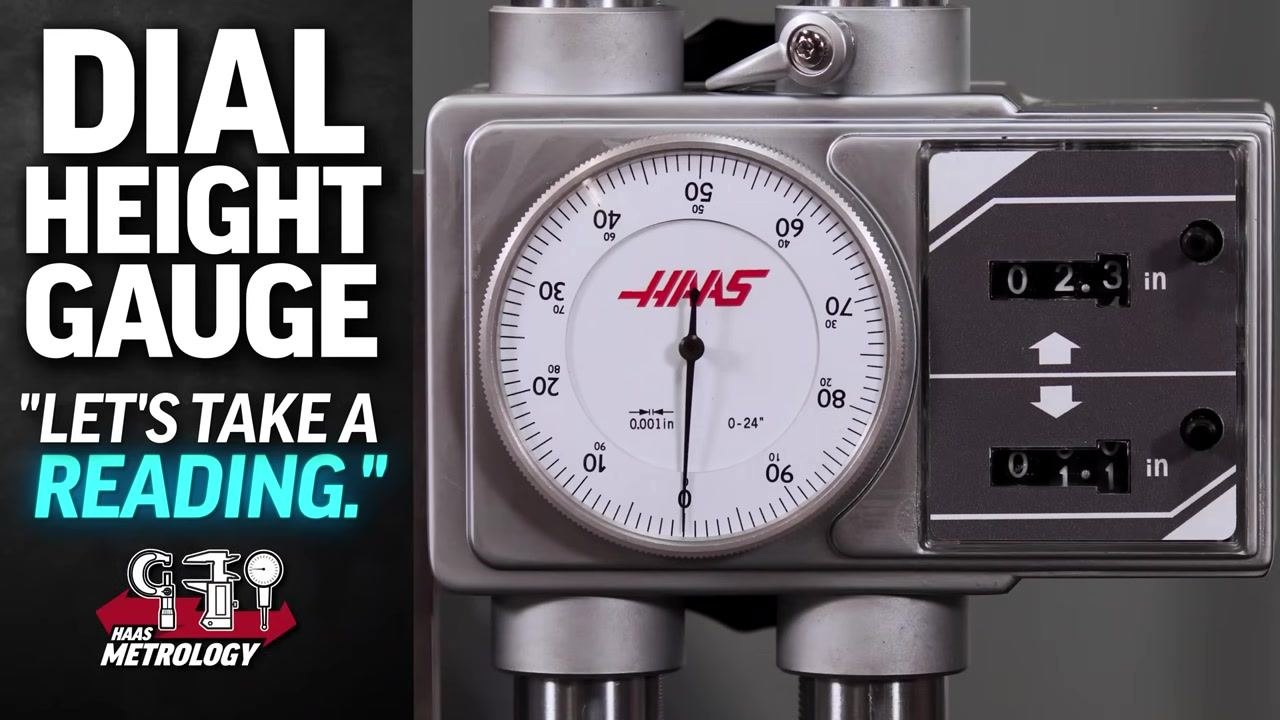 Close-up of a dial height gauge showing the dial face in 0.001-inch increments, the left counter for whole inches, and the right counter for tenths of an inch, labeled "Dial Height Gauge – Let's Take a Reading."