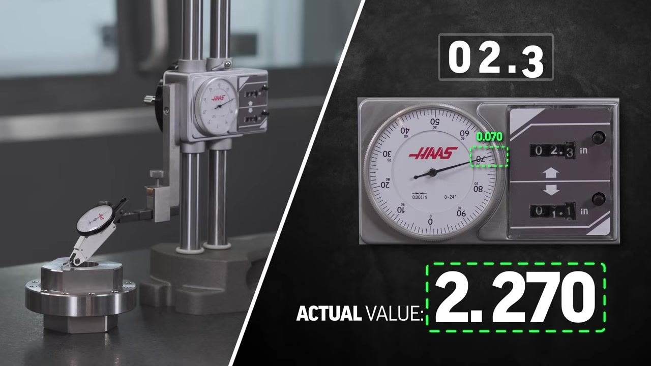 Split view showing the gauge contacting the part on the left, and on the right the dial at 0.070 with counters at 2.3 and the label "Actual Value: 2.270."