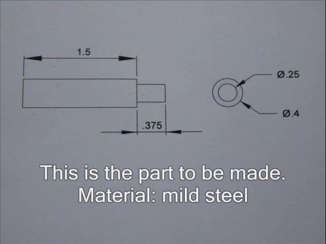 Technical drawing of the part with labeled dimensions and material note stating this is the part to be made in mild steel.