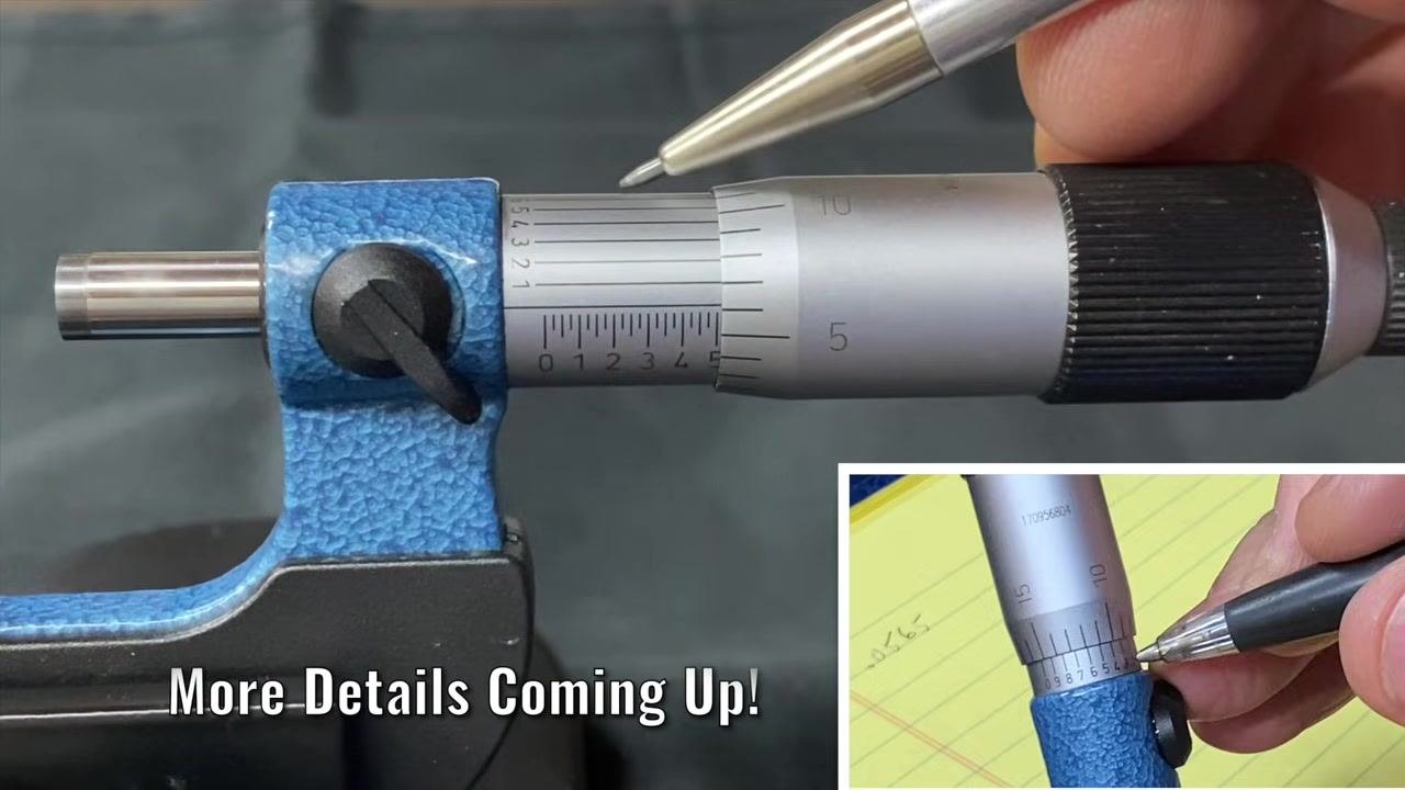 Micrometer with a pen pointing to the auxiliary lines on the sleeve, with an inset close-up of the auxiliary scale.
