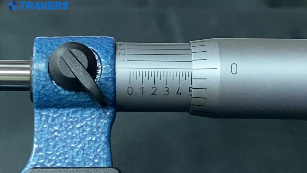 Micrometer with the "5" mark on the sleeve and the "0" on the thimble aligned, indicating 0.500 inches.
