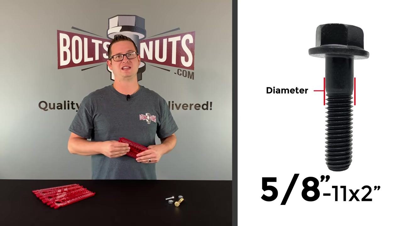 Split-screen view of a red thread gauge on the left and a close-up of a bolt labeled "5/8”-11x2”" on the right, with the diameter marked in red.
