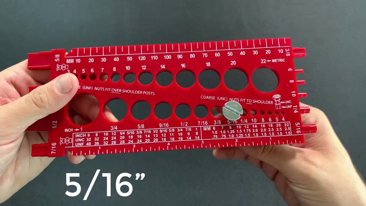 The bolt aligned with the thread pitch section of the gauge, being checked for a snug fit at the 18 TPI marking, with "5/16”" text overlaid.