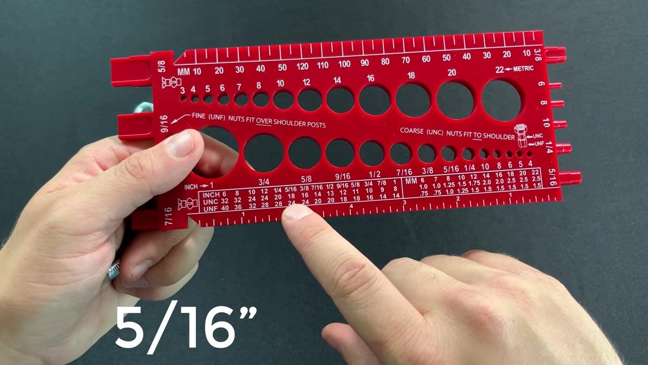 The gauge flipped over with a finger pointing to the 5/16 inch section on the thread pitch chart, displaying both coarse and fine thread options, with "5/16”" text overlaid.