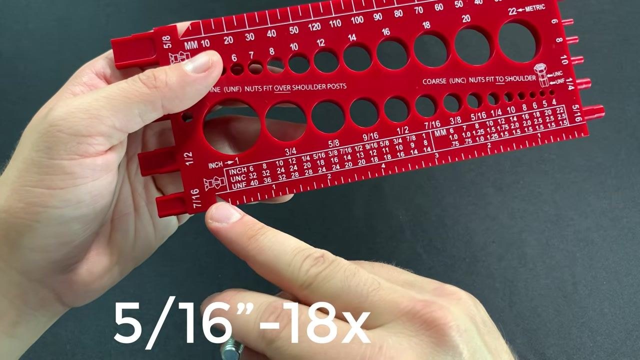 The bolt placed into the tapered area of the gauge with the head aligned at the top, and "5/16”-18x" text overlaid.