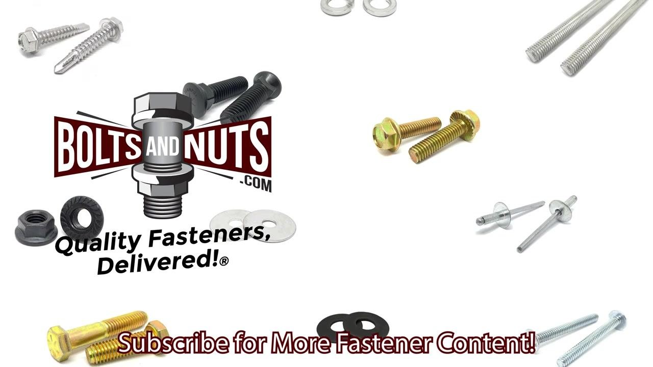 BoltsAndNuts.com logo with various fasteners (bolts, nuts, washers, cotter pins) arranged around it. The text "Subscribe for More Fastener Content!" is prominently displayed.