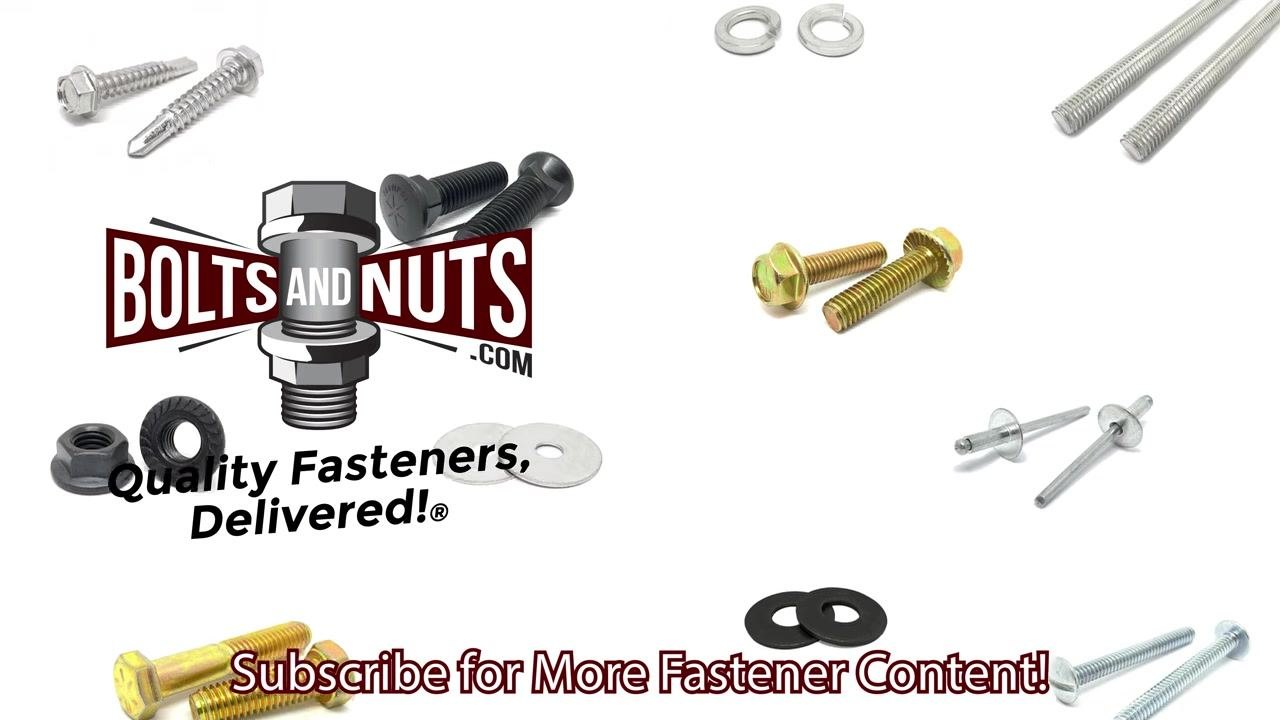 BoltsAndNuts.com logo with fasteners and the message "Subscribe for More Fastener Content!" displayed. Various bolts, nuts, and washers are visible.