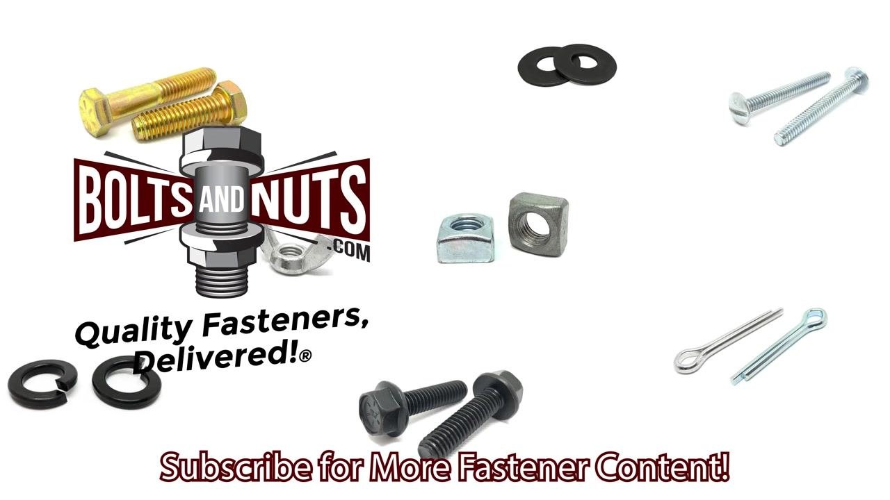 BoltsAndNuts.com logo with fasteners and the message "Subscribe for More Fastener Content!" displayed. Various bolts, nuts, and washers are visible.