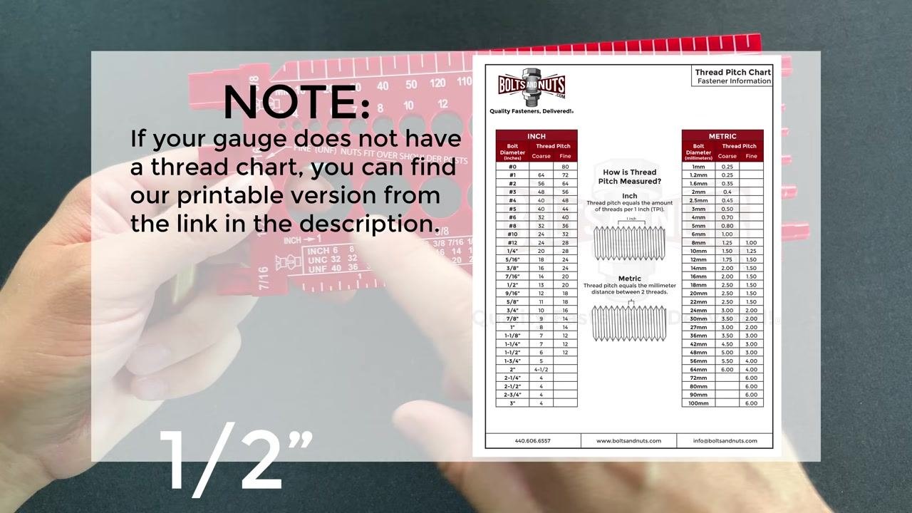 Overlay showing a printable thread pitch chart for both inch and metric fasteners, referencing where to find it.